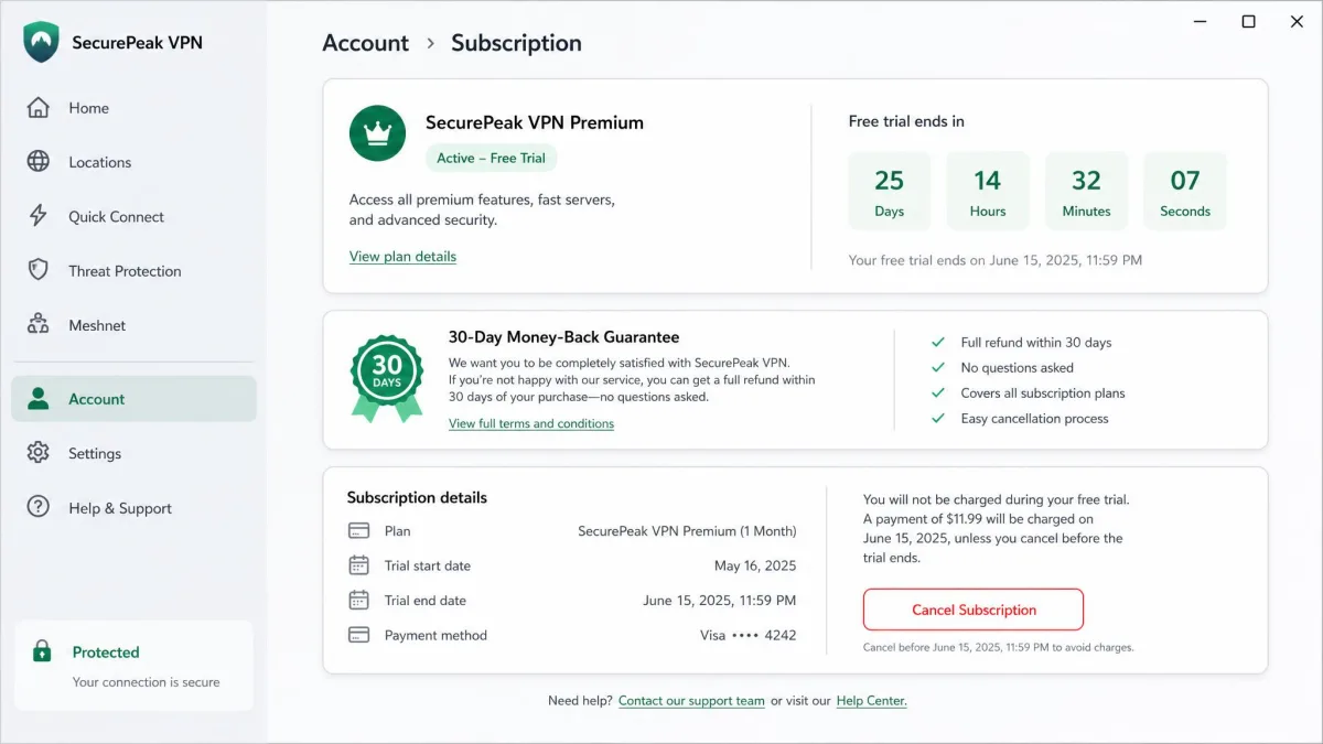 A paid VPN account settings screen showing the 30-day money-back guarantee terms and an active free trial countdown, with a cancel-subscription button visible before the deadline.