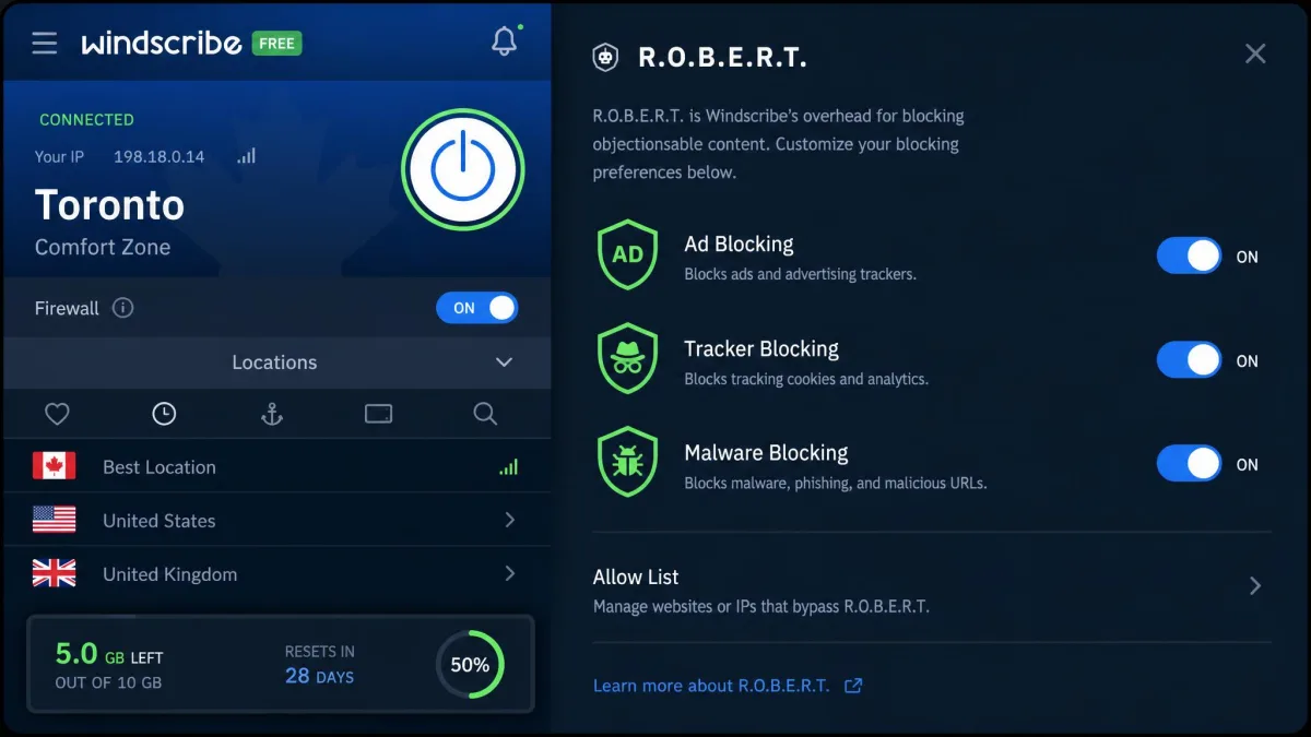 Windscribe free app showing the R.O.B.E.R.T. settings panel with ad, tracker, and malware blocking toggles enabled, alongside the remaining data allowance counter for the month.