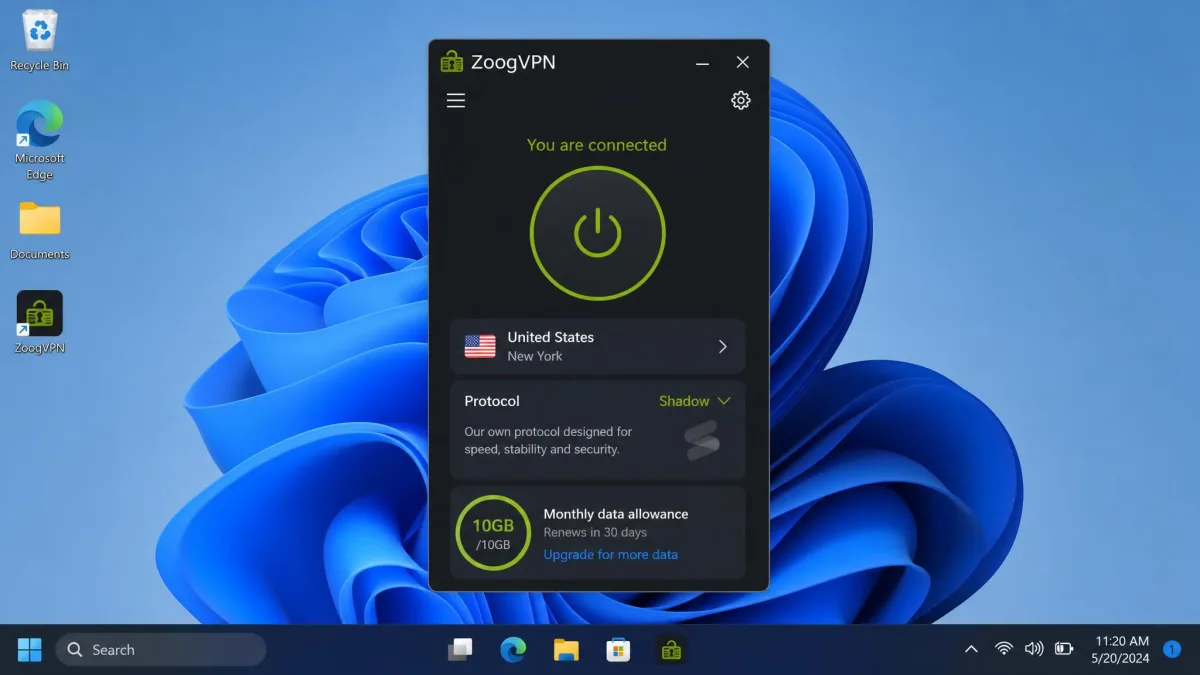 ZoogVPN free lightweight desktop app showing the compact connection window, the Shadow protocol option, and the 10GB monthly data allowance on a Windows screen.