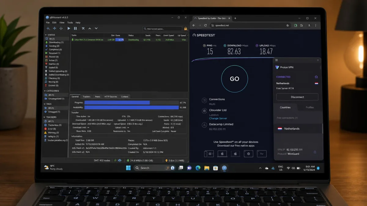 A laptop running a qBittorrent download alongside a speed-test browser tab, with a VPN app connected to a free server, showing the side-by-side testing setup used to measure torrent speed loss.