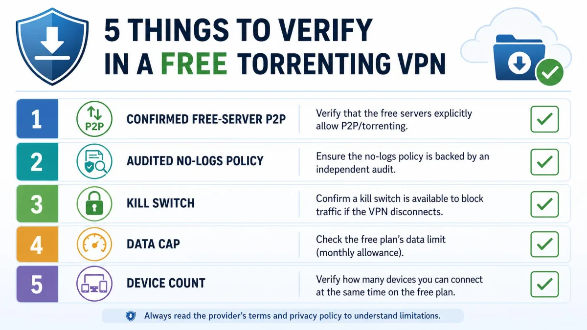 A checklist graphic listing the five things to verify in a free torrenting VPN: confirmed free-server P2P, audited no-logs policy, kill switch, data cap, and device count.