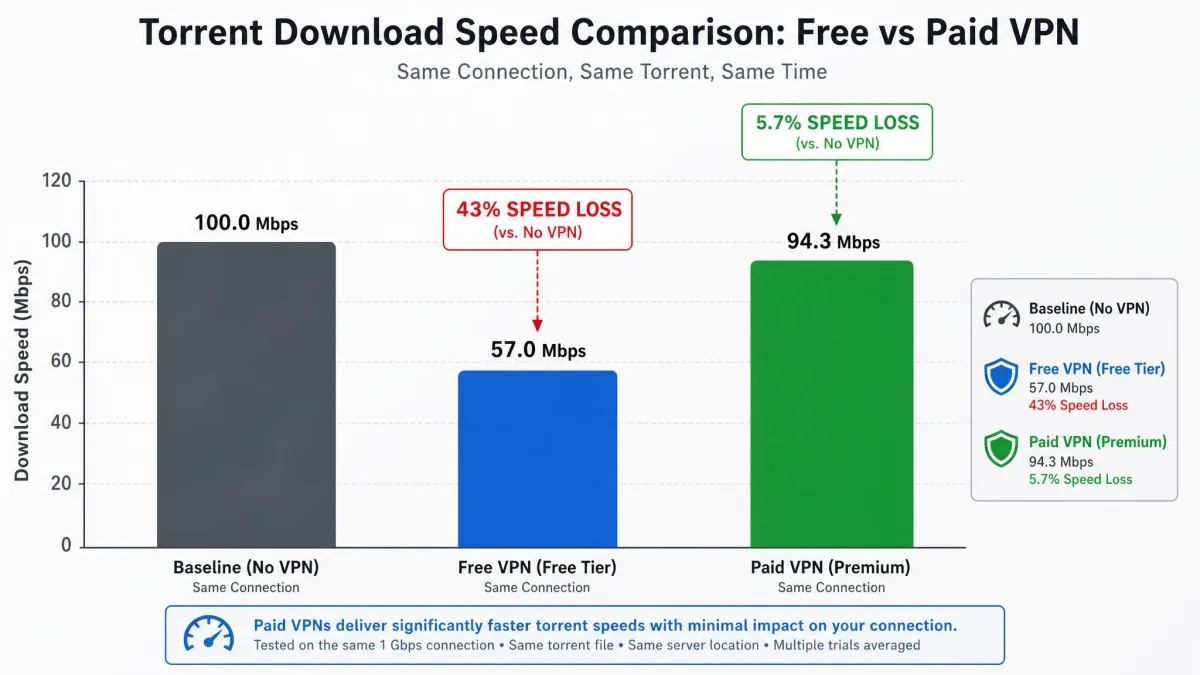 A bar chart comparing torrent download speeds across free and paid VPNs, showing a free tier at roughly 43% speed loss versus a paid VPN at under 6% loss on the same connection.