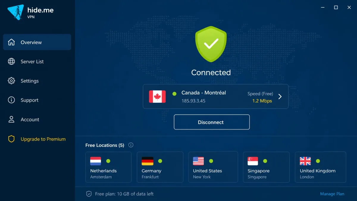 hide.me's connection screen listing its five free server locations, with a slower free-tier speed reading shown next to a connected server.