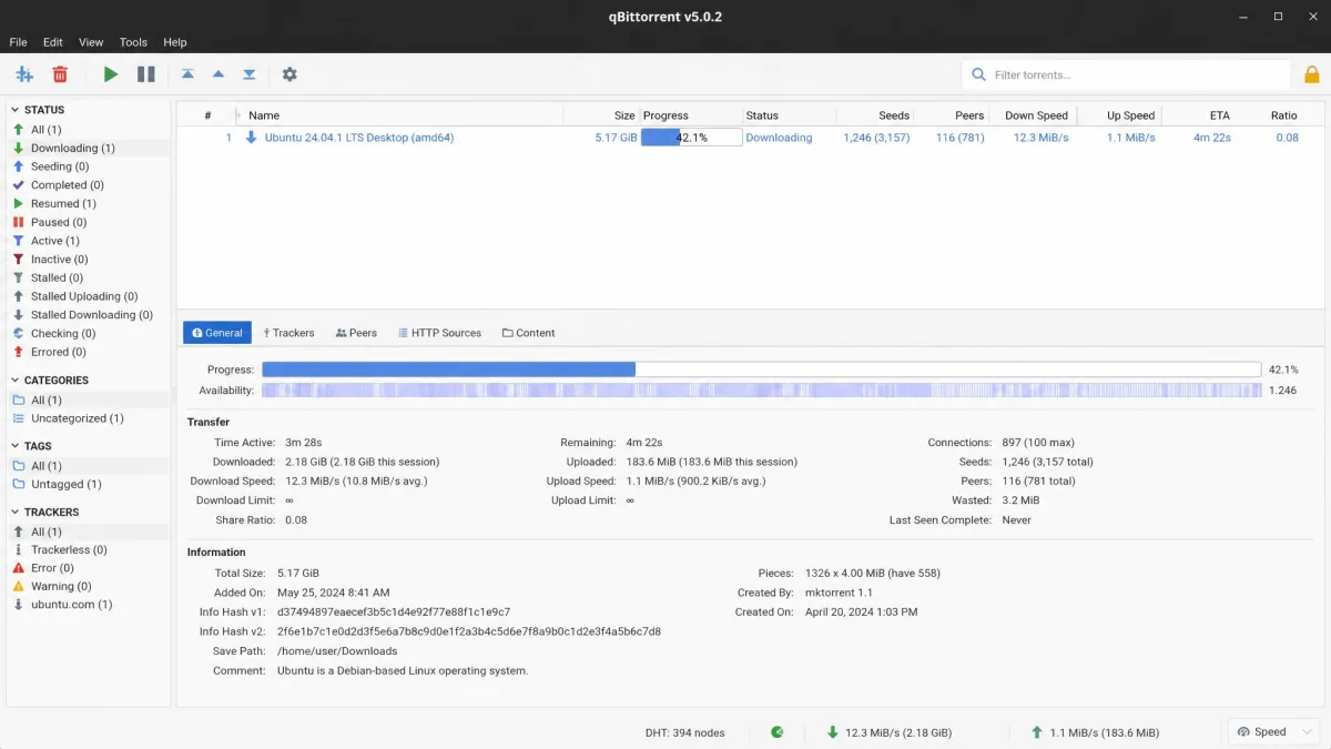 A legitimate Linux distribution download in progress over BitTorrent inside a torrent client, showing an example of legal, non-copyrighted torrenting.
