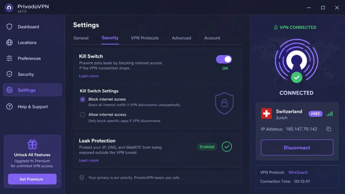PrivadoVPN's desktop app open on the settings screen with the kill switch toggle enabled and a free server in Switzerland connected, illustrating the leak-protection feature tested for torrenting.