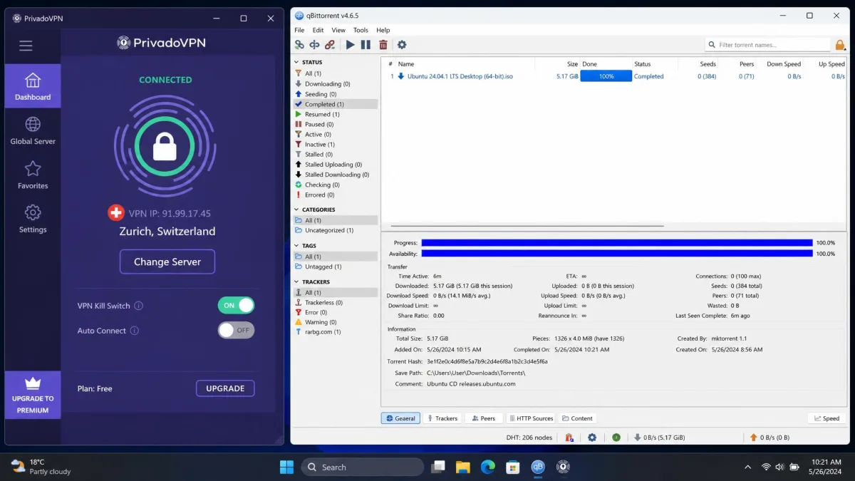 PrivadoVPN Free connected to a Swiss server with a completed torrent download shown in qBittorrent, capturing the top-pick free VPN in real use.
