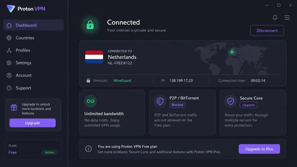 Proton VPN's free plan dashboard showing an active connection with no data-usage meter, highlighting the unlimited-bandwidth free tier that nonetheless blocks P2P traffic.