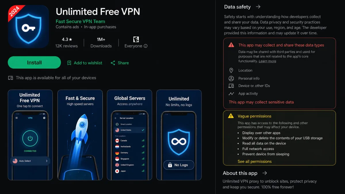 An app store listing for an unknown "unlimited free VPN" with vague permissions highlighted, illustrating the kind of no-name free VPN to avoid for torrenting.