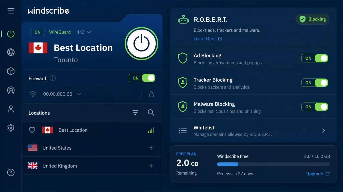 Windscribe's R.O.B.E.R.T. control panel showing ad and tracker blocking toggles enabled on the free plan, with the free bandwidth meter visible in the corner.