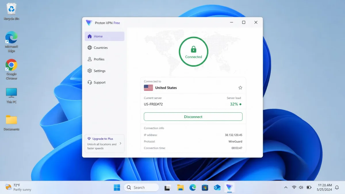 A Windows 11 desktop with a free VPN app open in the foreground showing a green connected status, the selected country, and the current server load percentage.