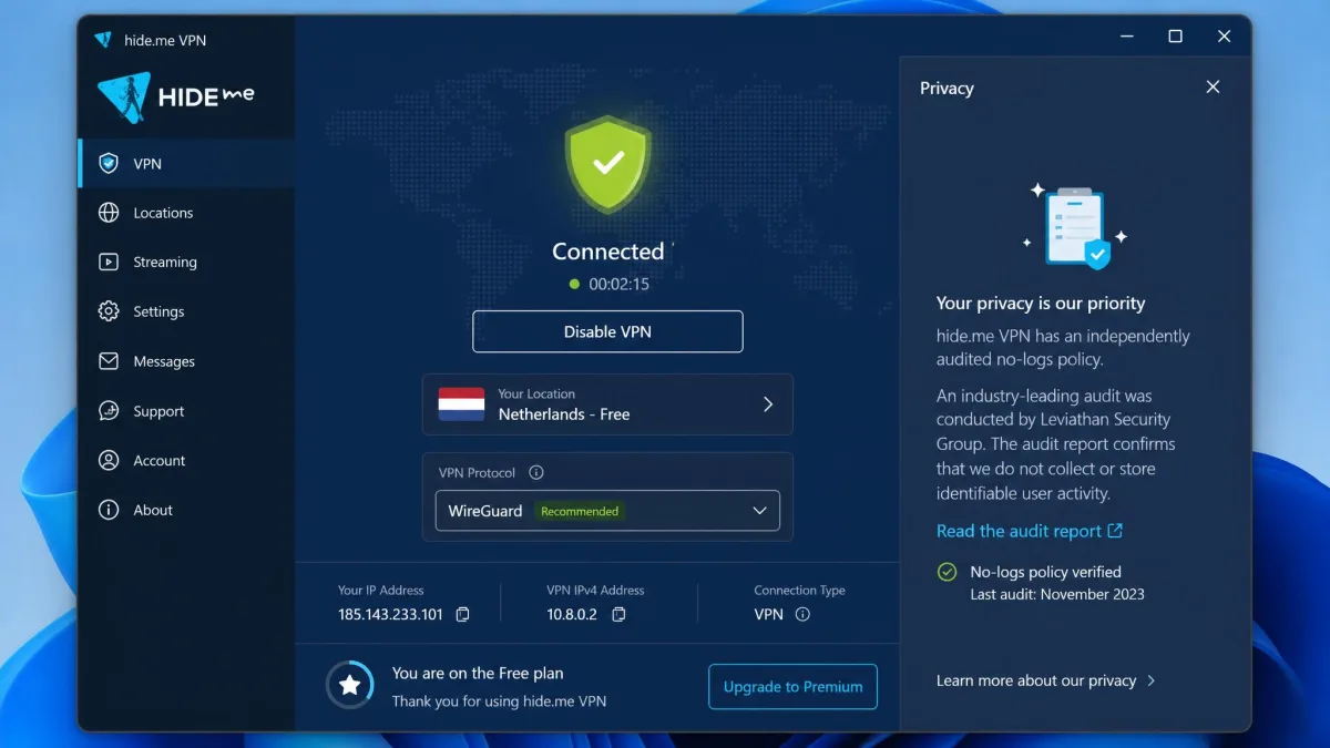 The hide.me Windows app connected on the free plan, with the protocol selector showing WireGuard and a privacy panel referencing the independent no-logs audit.