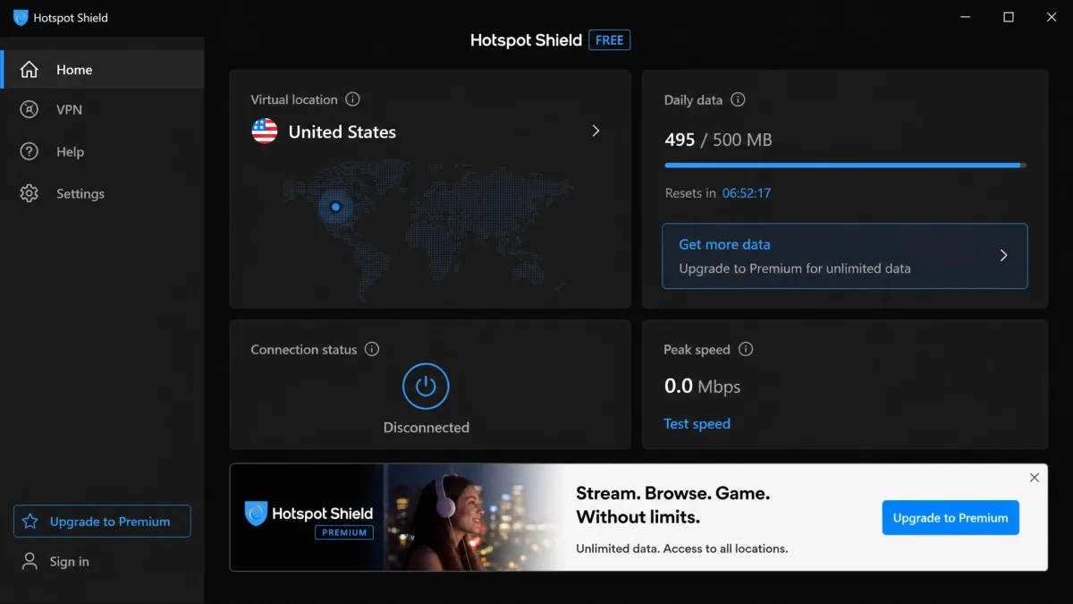Hotspot Shield's Windows app on the free plan showing the single US server location, the 500MB daily data limit near its cap, and an ad banner within the app.