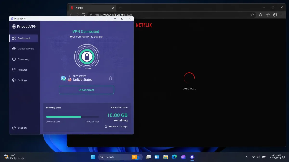 PrivadoVPN's Windows app connected to a free server with a streaming service loading in a browser window behind it and the remaining 10GB monthly data meter visible.