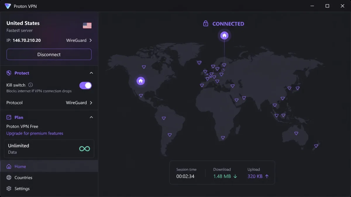 Proton VPN's Windows app showing the free plan connected to a fastest-available server, with the unlimited data indicator and kill switch toggle visible in the sidebar.