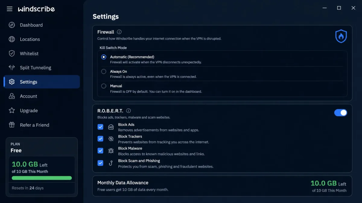 Windscribe's Windows app settings panel showing the firewall kill switch modes, R.O.B.E.R.T. blocker options, and the remaining monthly data counter for the free plan.