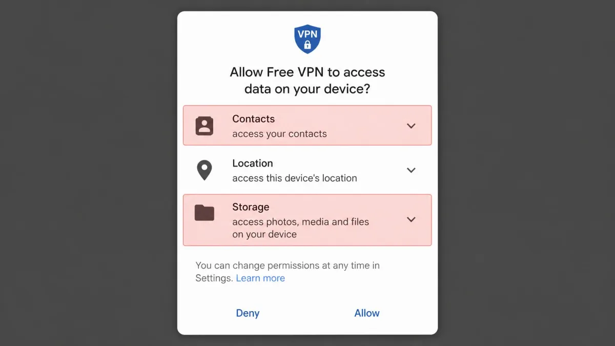 An Android permissions dialogue for a free VPN app requesting access to contacts, location and device storage, with the unnecessary permission rows highlighted in red.