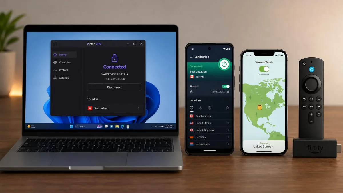 A Windows laptop, an Android phone and an iPhone side by side, each showing a different free VPN app connected, with a Fire TV stick beside them.