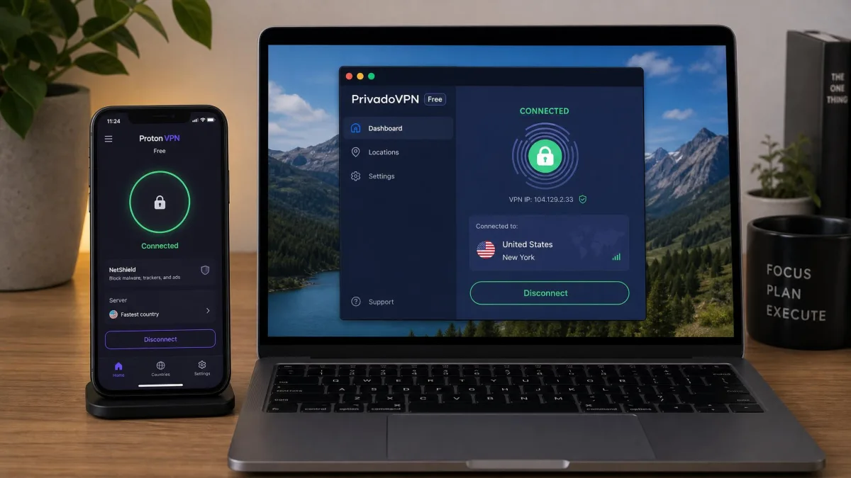 A phone and a laptop side by side on a desk, the phone showing Proton VPN Free connected and the laptop showing PrivadoVPN Free connected to a US server.