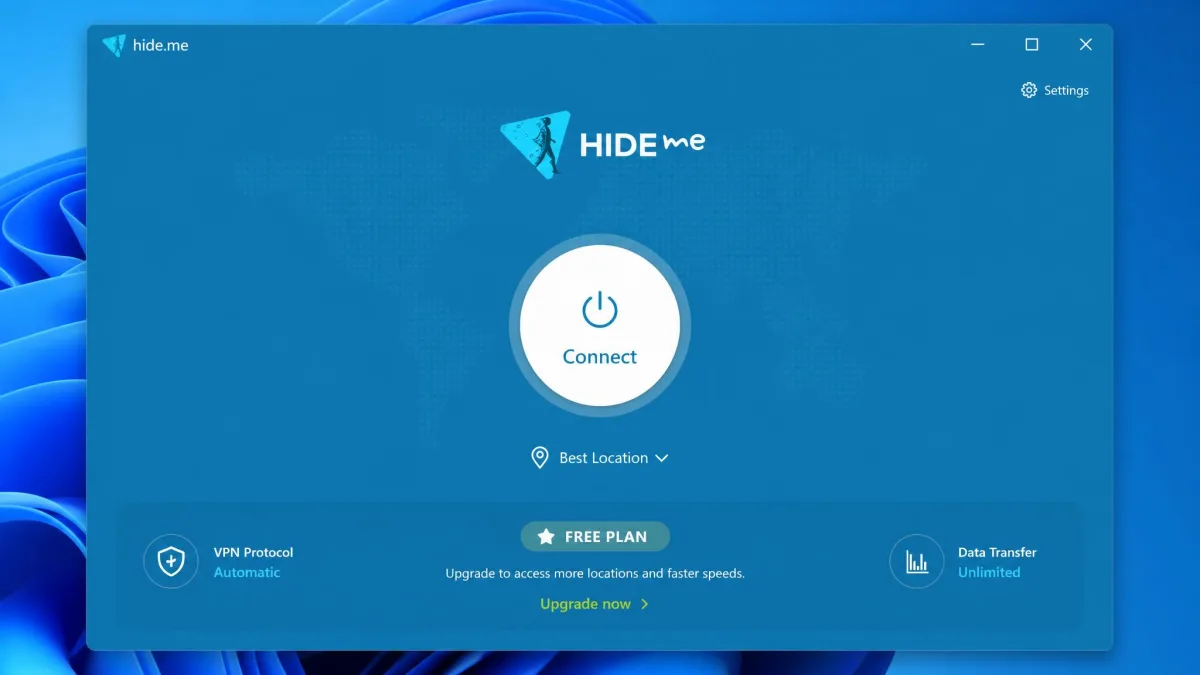 The hide.me free desktop app on first launch showing a large connect button and a free plan label, with no login or signup form anywhere on screen.