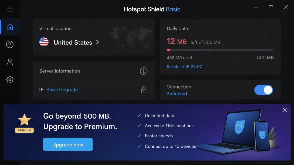 Hotspot Shield's free Basic app displaying the daily 500MB allowance nearly exhausted, with an advert banner occupying the lower third of the window.