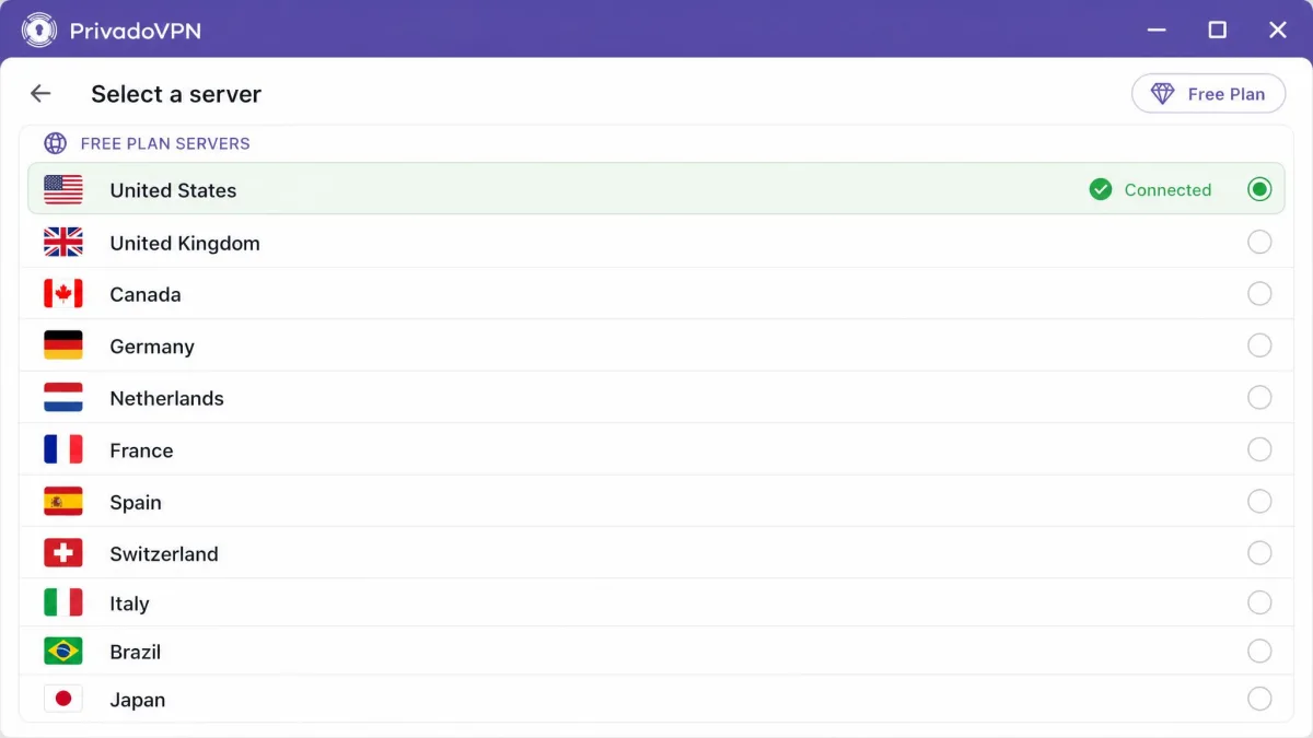 PrivadoVPN's free plan server list showing the eleven available free countries with the United States entry selected and a green connected indicator.