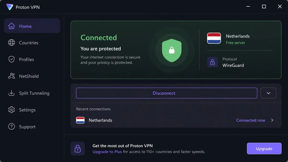 Proton VPN's free Windows app showing a connected status card with the assigned free server country, current protocol and a green shield icon in the upper panel.