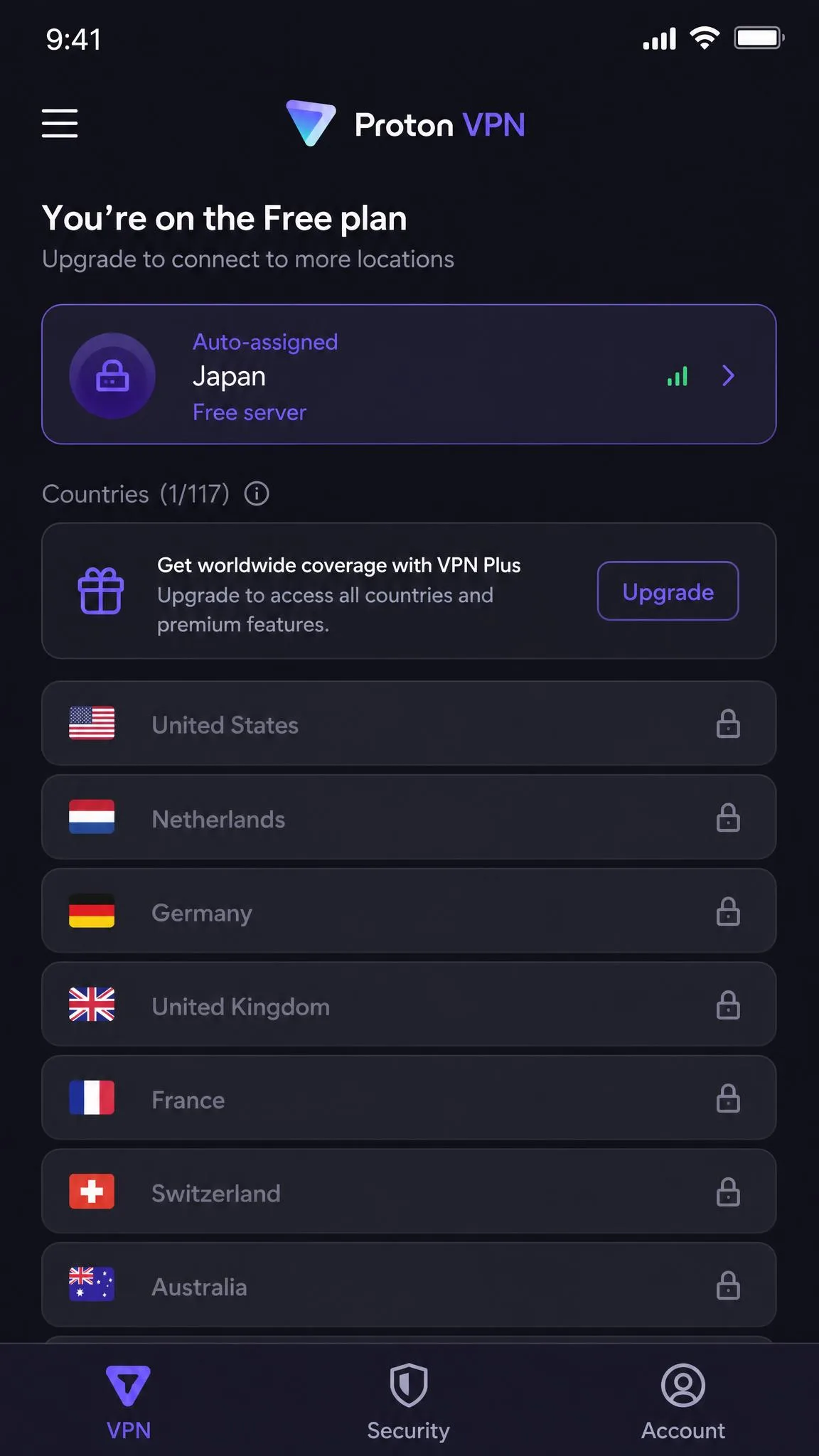 Proton VPN's mobile free plan screen showing the greyed-out country picker with a padlock badge on paid locations and the auto-assigned free server highlighted at the top.