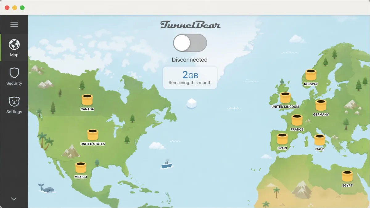TunnelBear's free app showing its illustrated map interface with the single on-off switch in the off position and the 2GB monthly allowance counter beneath it.