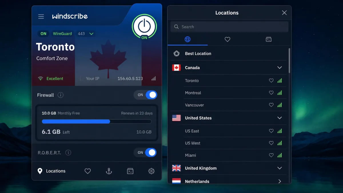 Windscribe's desktop app showing the monthly free data meter with roughly 6GB of the 10GB allowance remaining, the location list open beside it and the R.O.B.E.R.T. toggle visible.