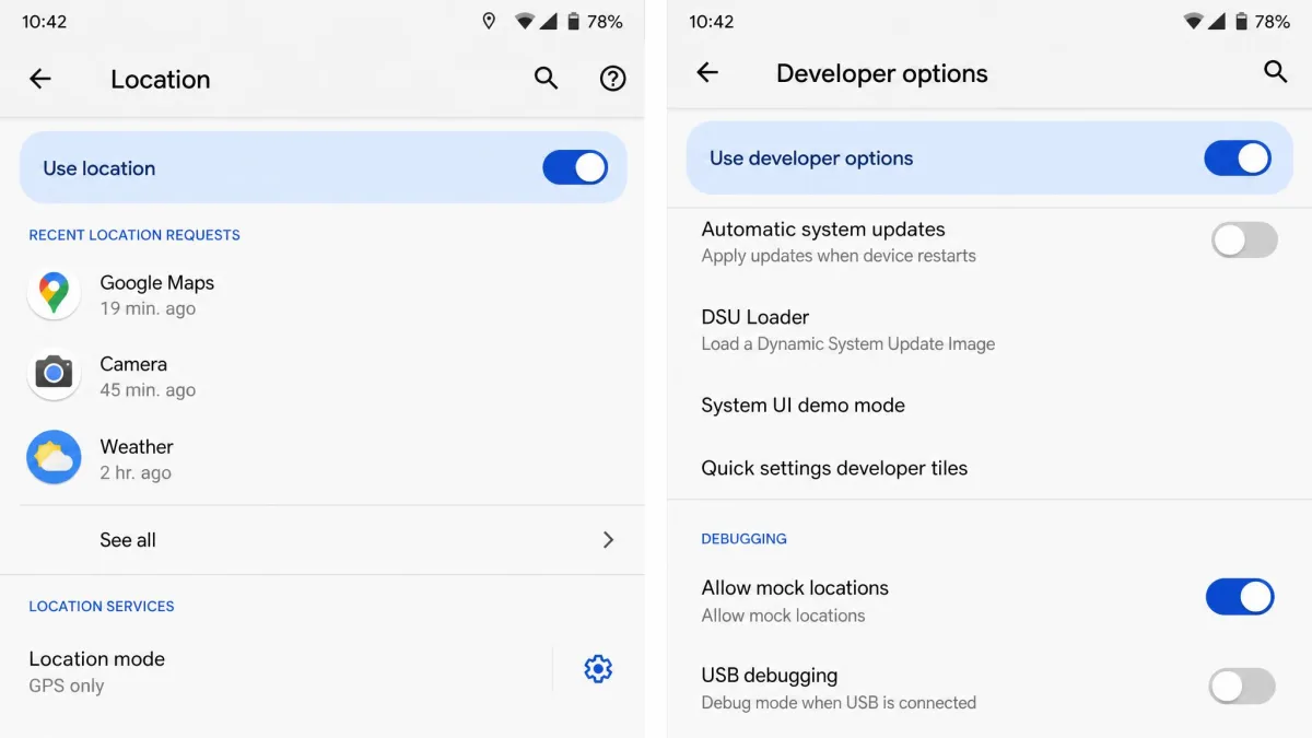 Android location settings screen with location mode set to GPS only, next to the developer options toggle for allowing mock locations.