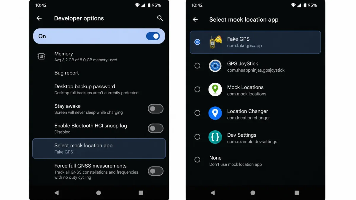 Android developer options screen with the "Select mock location app" entry highlighted and a fake GPS app chosen from the list.