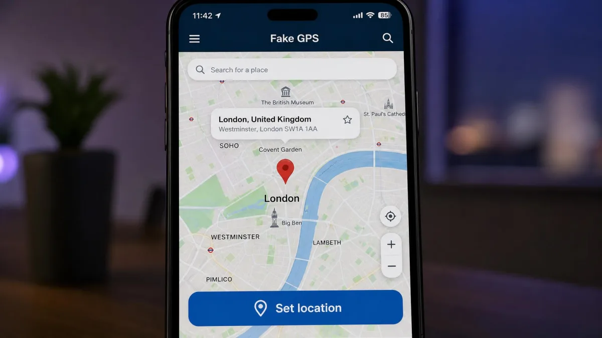 Phone screen showing a fake GPS app with a pin dropped on a map in another city and a large "Set location" button at the bottom.