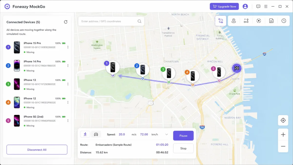 Foneazy MockGo desktop interface listing five connected iPhones moving together along the same simulated route.