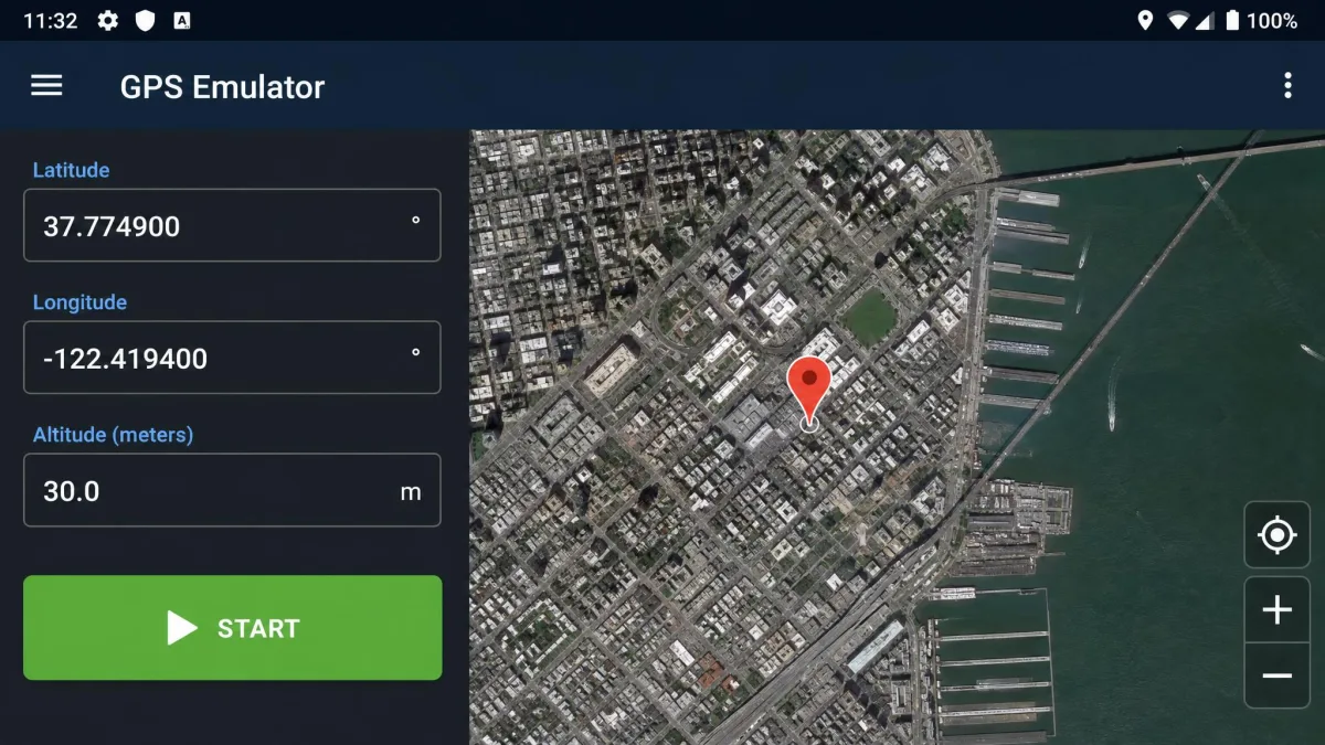 GPS Emulator app in satellite map view with latitude, longitude and altitude fields filled in and a green start button.