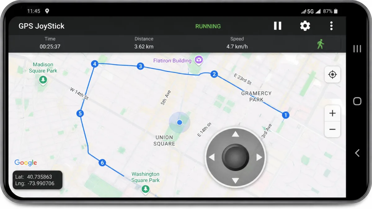 GPS JoyStick running on an Android phone with the circular on-screen joystick overlaid on a street map and a recorded route line behind it.