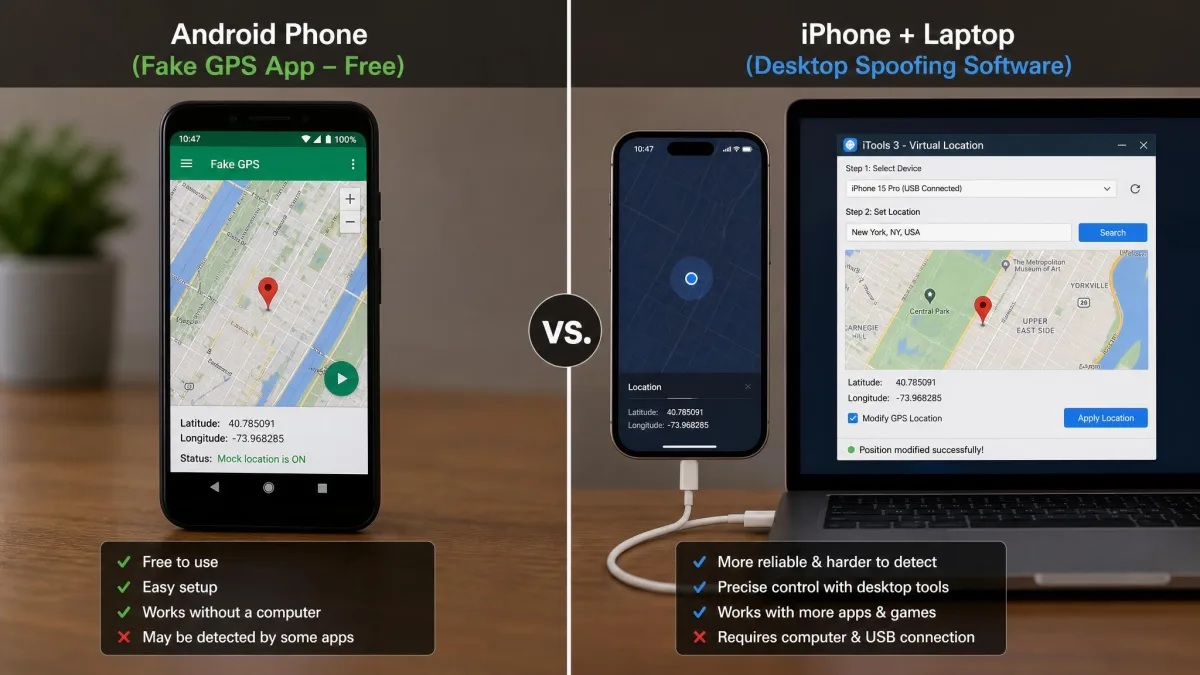 Side by side comparison of an Android phone running a free fake GPS app and an iPhone connected by USB to a laptop running desktop spoofing software.