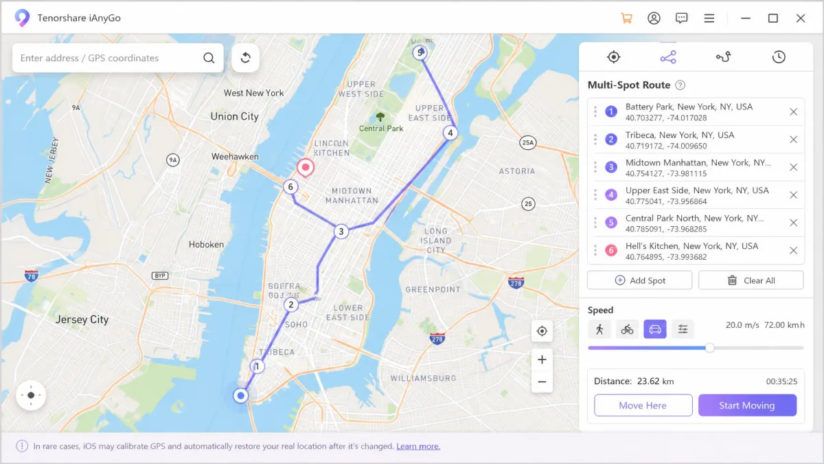 Tenorshare iAnyGo desktop window showing a multi-spot route drawn across a city map with a speed slider and waypoint list on the right.