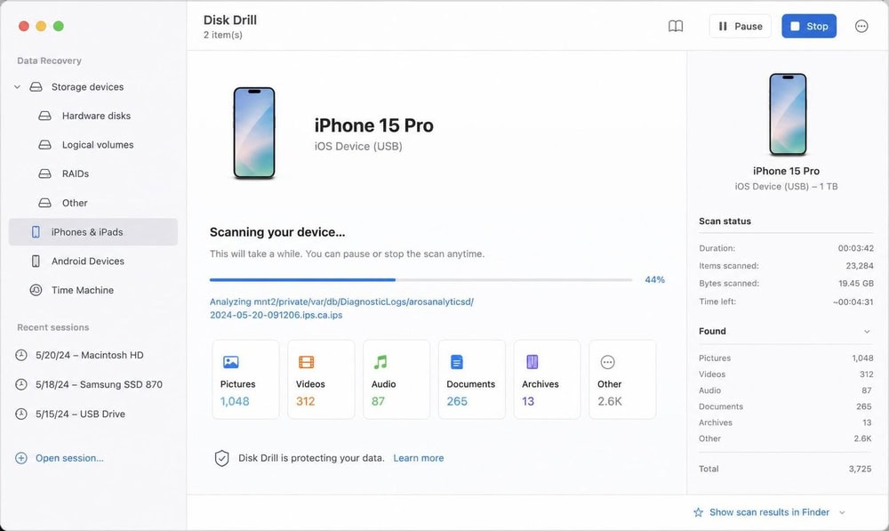 Disk Drill on a Mac with an iPhone selected and a scan in progress, plus a sidebar of connected disks.