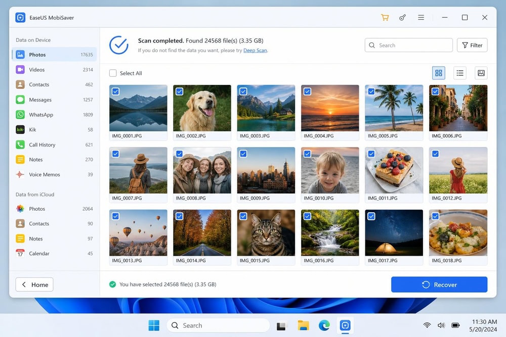 The EaseUS MobiSaver scan-results screen on Windows 11 showing recovered photos in a grid with a Recover button.