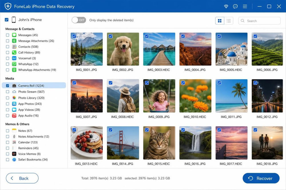 FoneLab iPhone Data Recovery on Windows showing a sidebar of file types and a grid of recovered photos.