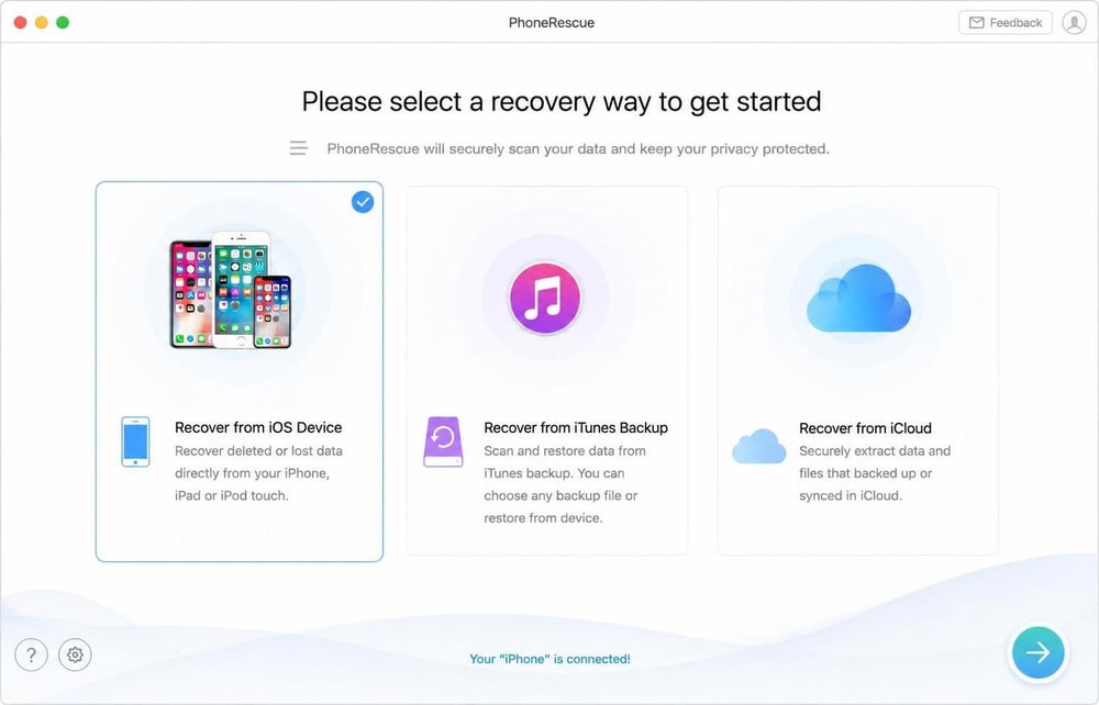 iMobie PhoneRescue on a Mac showing its source-selection screen for iOS device, iTunes backup, and iCloud.