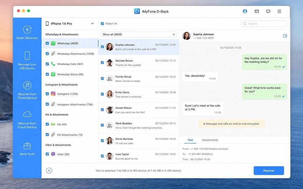 iMyFone D-Back on a Mac showing recovered WhatsApp and Instagram messages in a preview list.