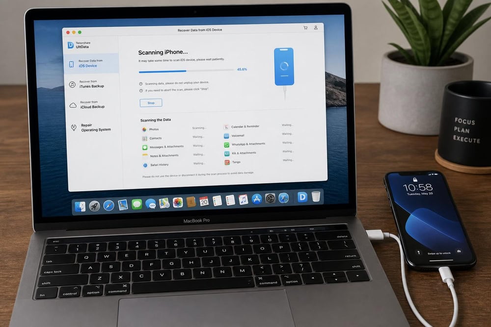 A Windows 11 laptop and a MacBook running iPhone data recovery scans, with a test iPhone connected by a cable.