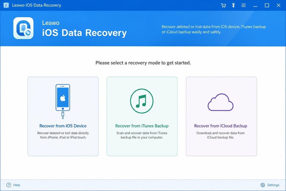 Leawo iOS Data Recovery home screen on Windows showing recovery modes for iOS device, iTunes, and iCloud.