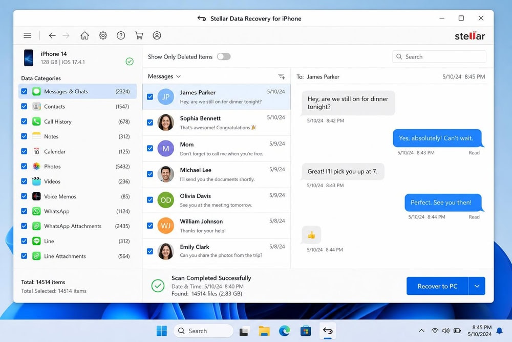 Stellar Data Recovery for iPhone on Windows 11 showing data categories and a preview of recovered messages.