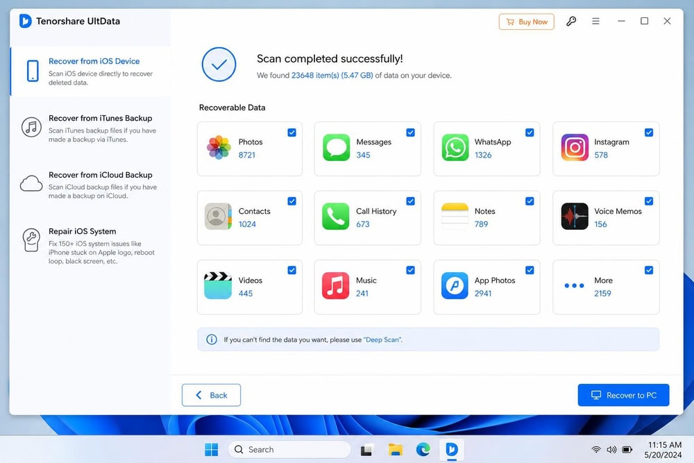 Tenorshare UltData on Windows 11 showing recoverable categories including Photos, Messages, WhatsApp, and Instagram.