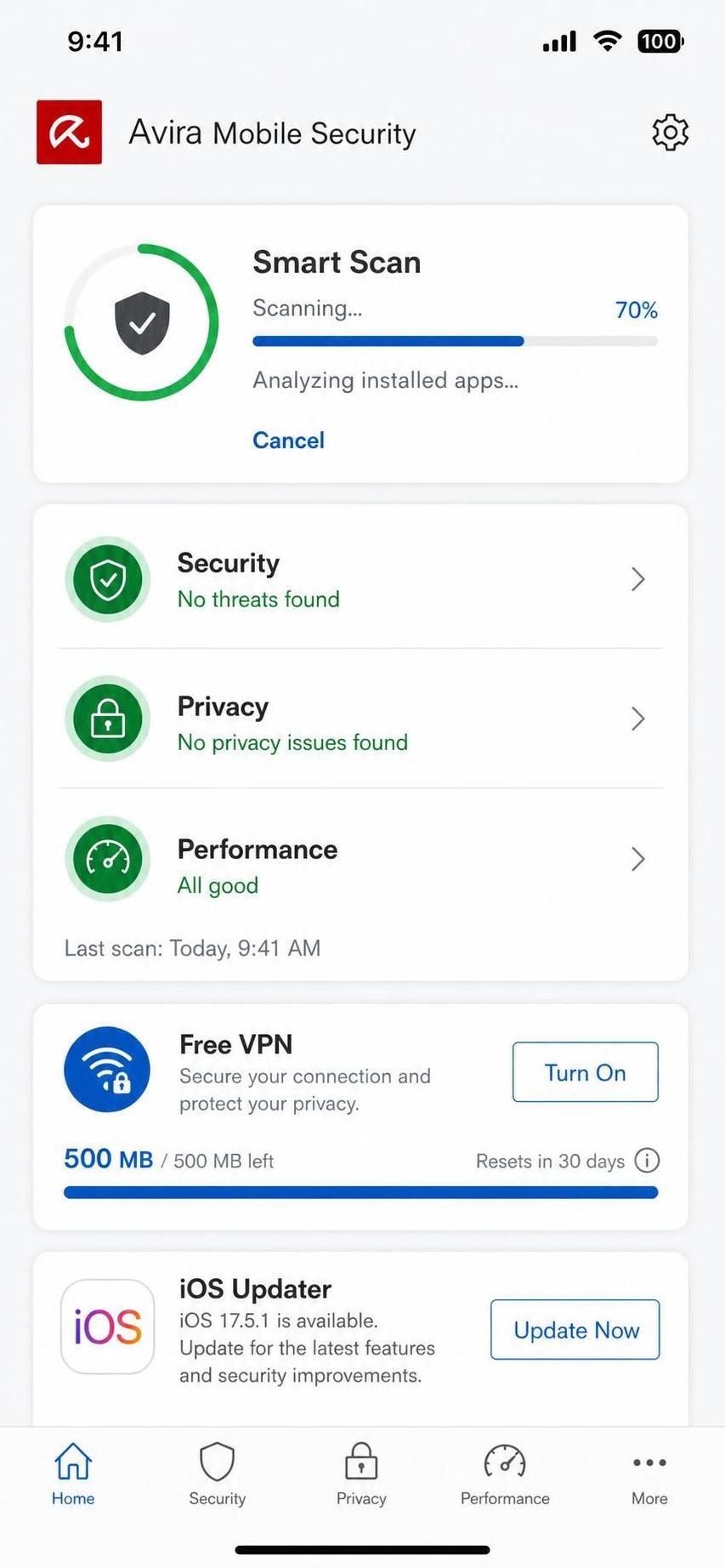 Avira Mobile Security iOS app running a Smart Scan, showing security, privacy, and performance results with a free VPN data meter and iOS Updater prompt.