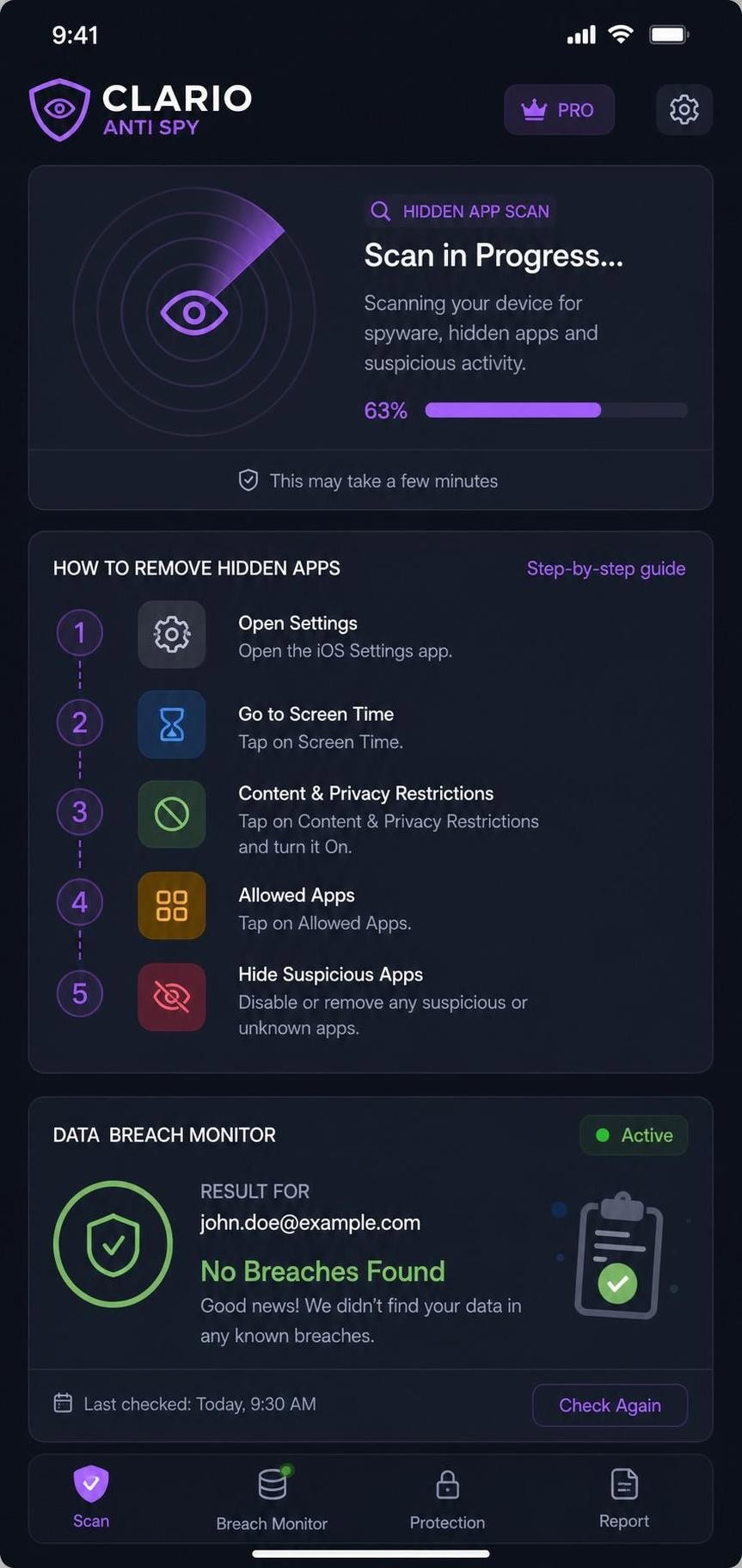 Clario Anti Spy iOS app showing a hidden-app scan in progress with a step-by-step removal guide panel and a data breach monitor result for an email address.