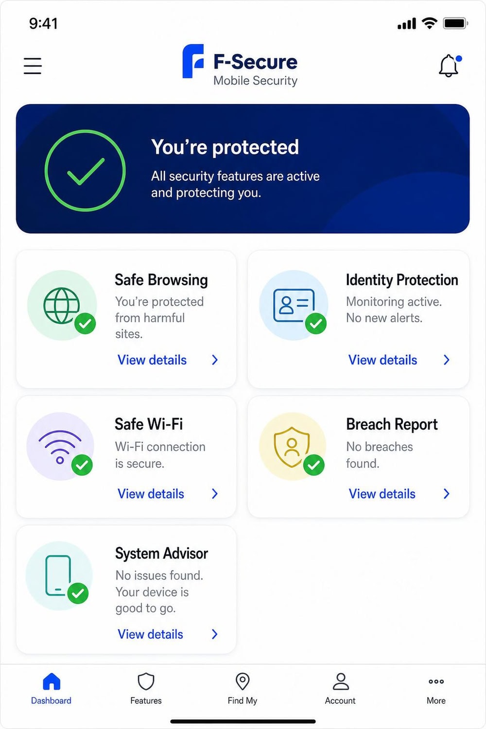 F-Secure Mobile Security iOS dashboard (formerly Lookout) showing Safe Browsing, Identity Protection, Safe Wi-Fi, Breach Report, and System Advisor status tiles.