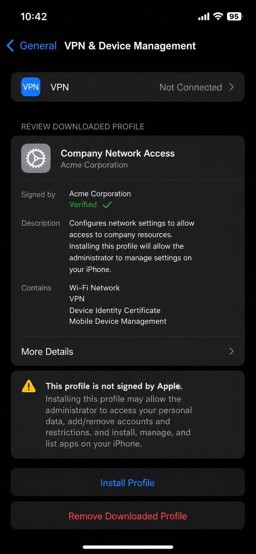 iPhone Settings screen open to General then VPN and Device Management, showing a configuration profile entry being reviewed for unauthorized access.